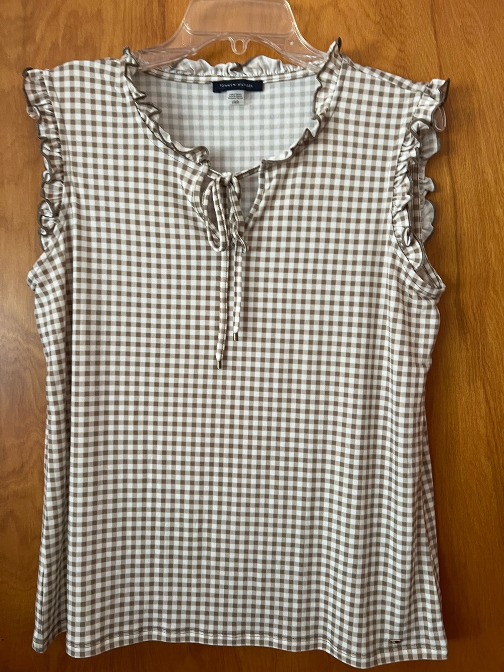 NWOT Tommy Hilfiger size large tan and white gingham sleeveless top ruffle edges